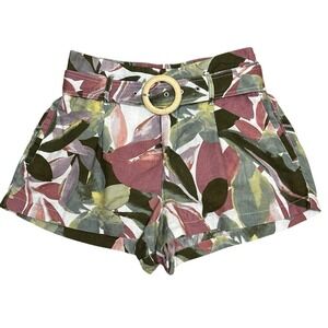 Tahari Women's 100% Linen Floral Leaf Belted Shorts Green Pink Safari Quiet Luxe